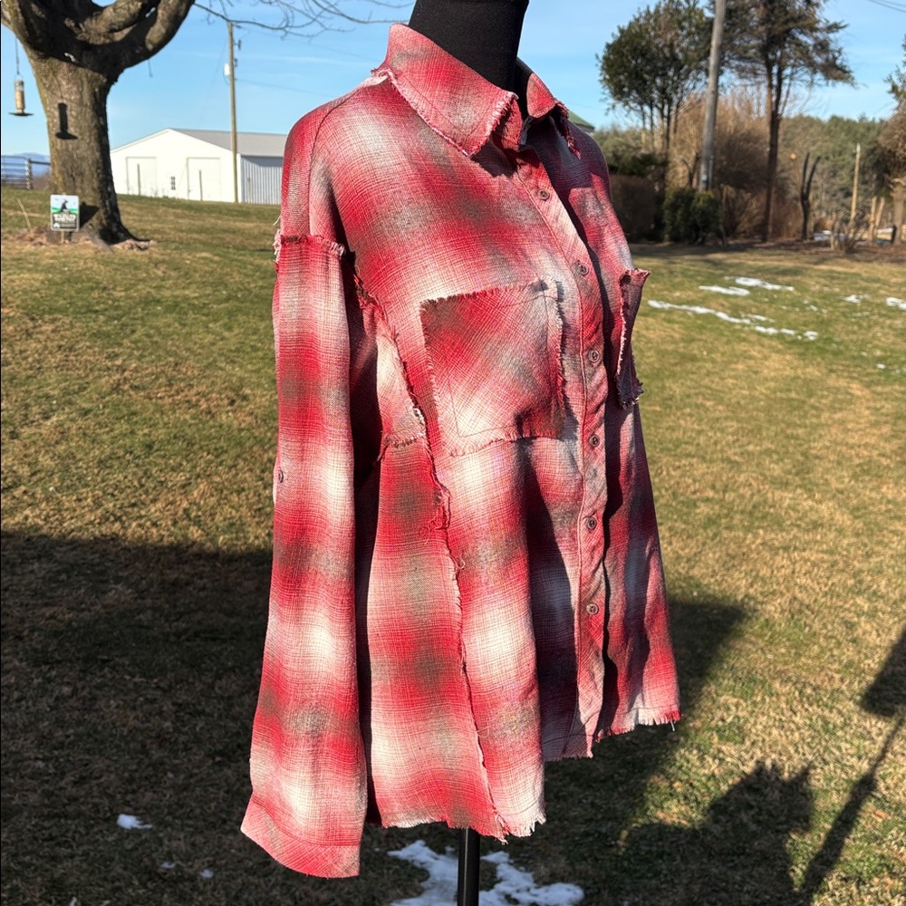-POL Red Brown Bone Flannel Frayed Button Up Blouse Oversized Women’s Medium - Picture 10 of 13